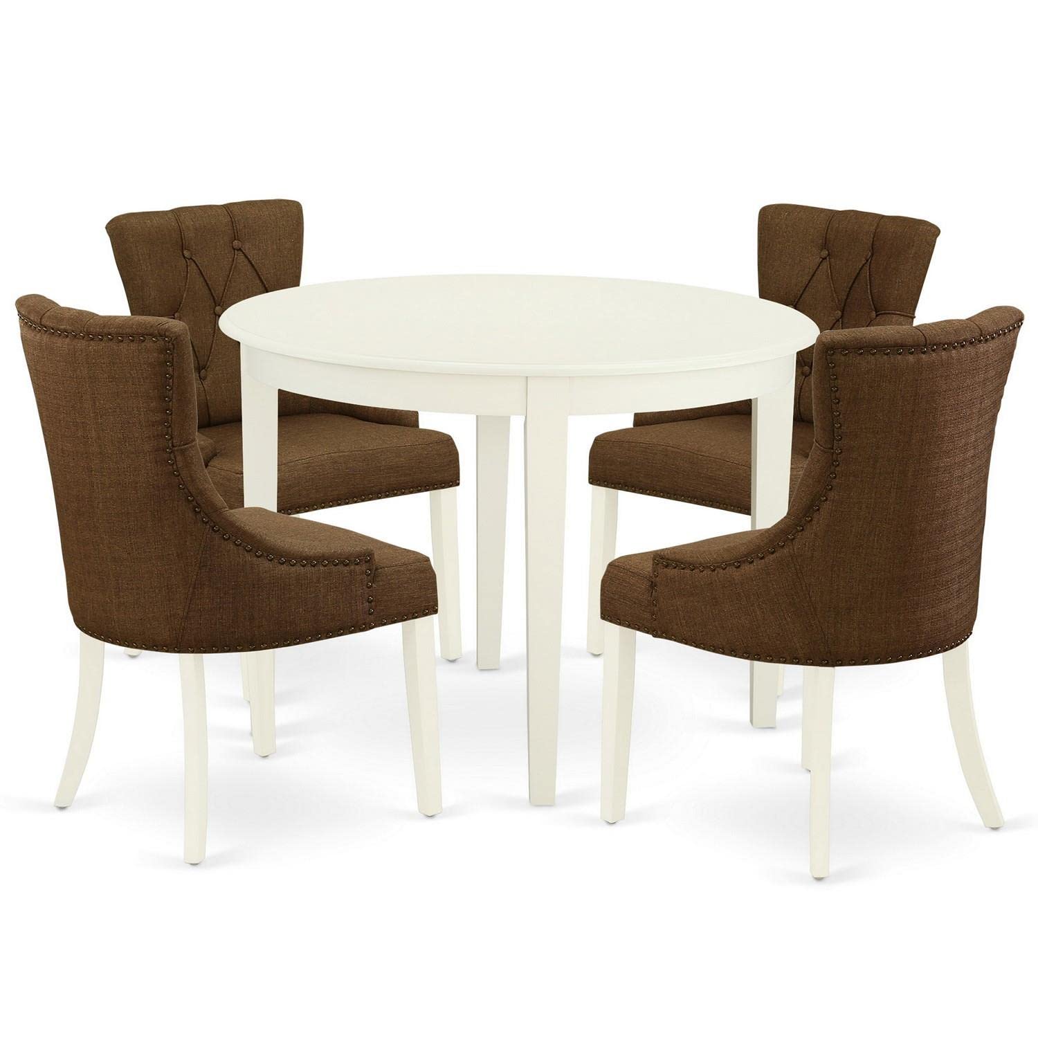 East West Furniture Bofr5-Whi-18 5 Piece Dining Table Set For 4 Includes A Round Kitchen Table And 4 Brown Linen Linen Fabric Parsons Dining Chairs, 42X42 Inch, Linen White